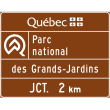 Parc national du Québec (présignalisation de sortie « Jct. 2 km »)